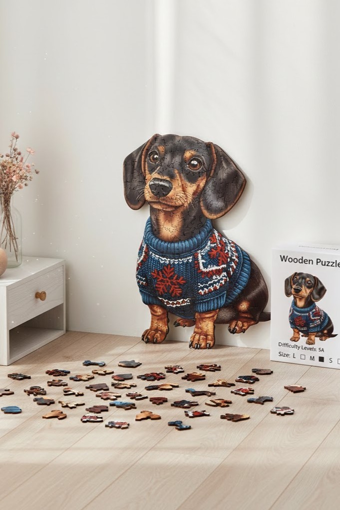 Drewniane puzzle jamnik w sweterku